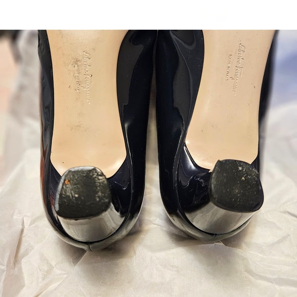 Salvatore Ferragamo Dark Navy Blue Patent Leather Shoes with Gold Accent Buckle - Picture 7 of 13